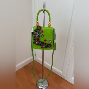 Bright Green Embellished Mini Handbag with Floral Accents